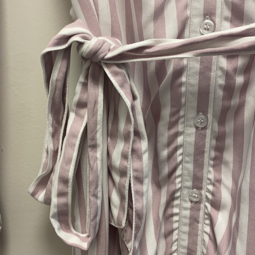 White/Lavender Striped Button Down Tie Dress - Picture 3 of 5